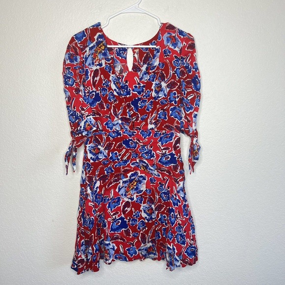 Free People Red Glow Up Mini Dress Floral Red Blue V-neck Size 10 V15 - Picture 4 of 9
